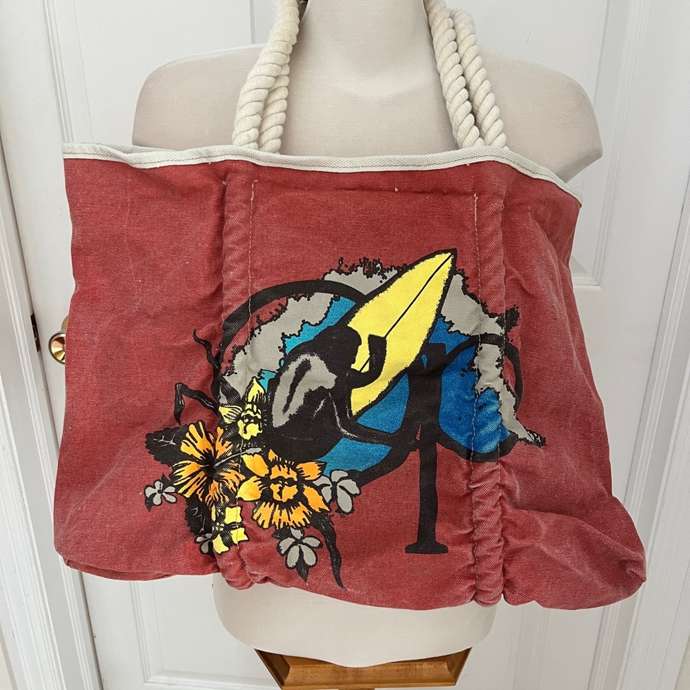 Stylish Red Tote Bag with Surfing Design